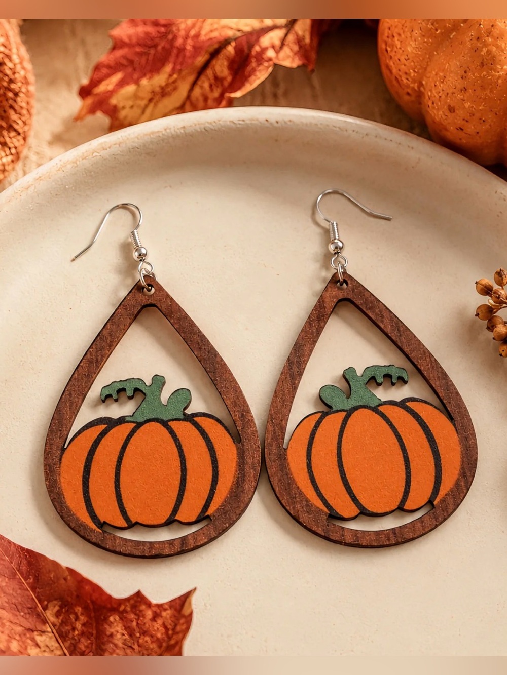 PRINTED WOODEN PUMPKIN Dangle Earrings